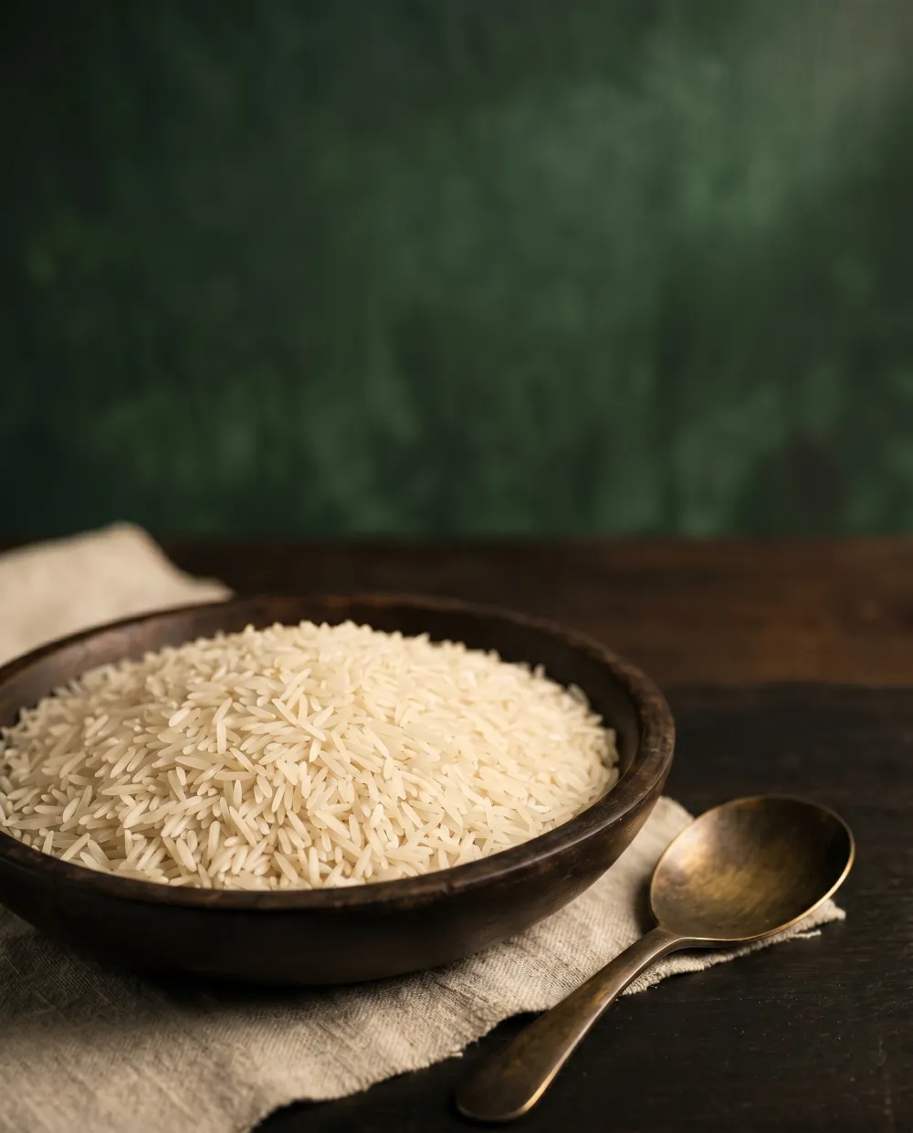 Illustrative bowl of uncooked rice with a serving spoon