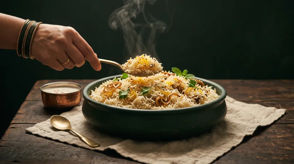 Illustrative rice dish on a family table