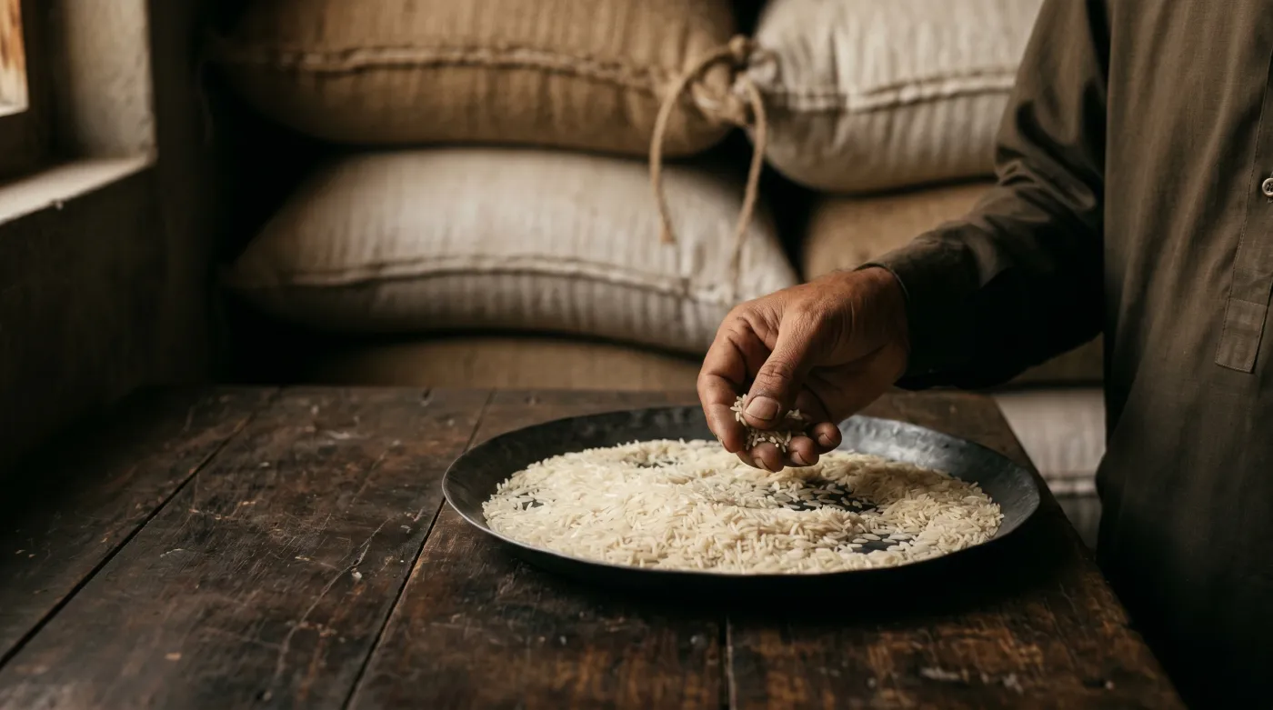 A hand assessing basmati on a tray, supply sacks behind