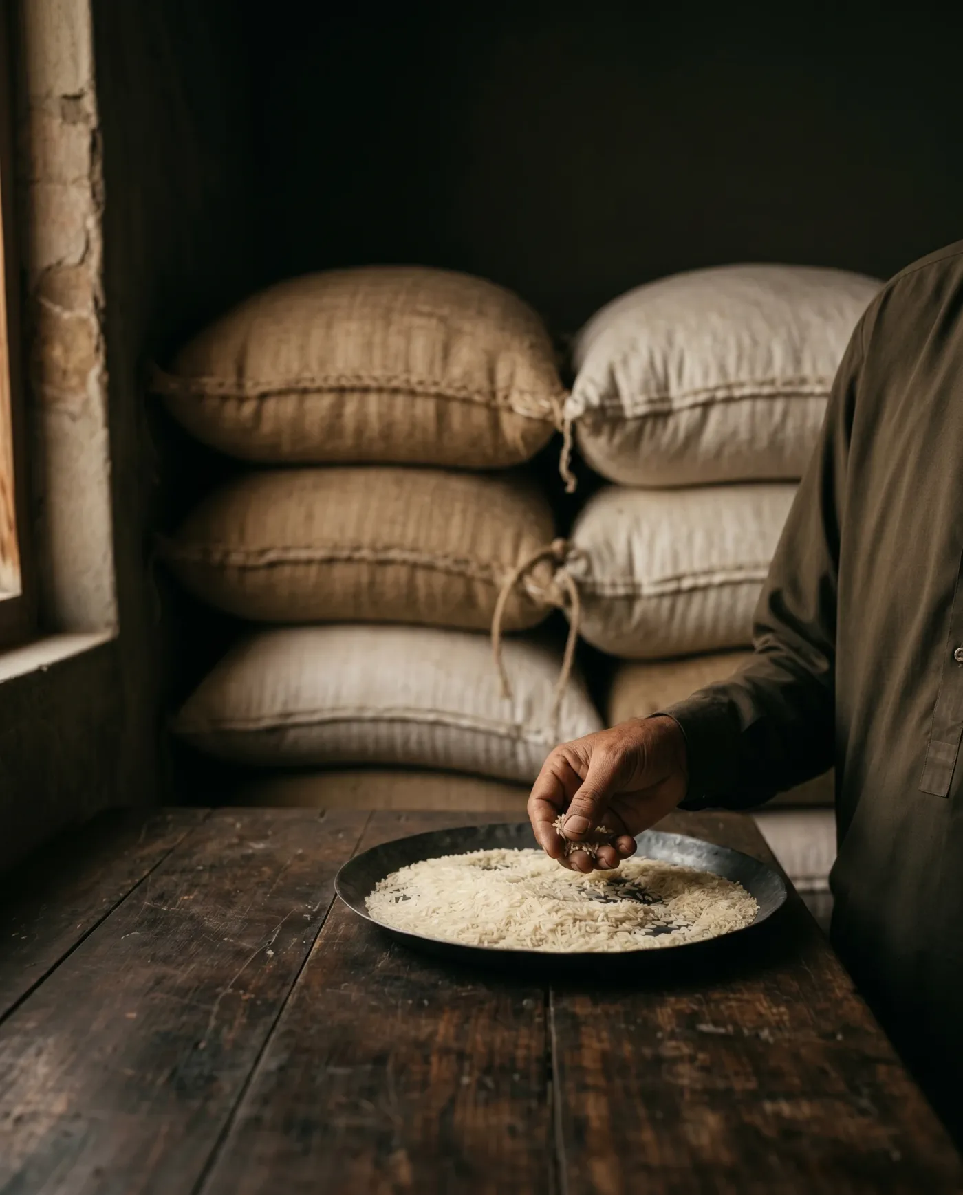 A hand assessing basmati on a tray, supply sacks stacked behind